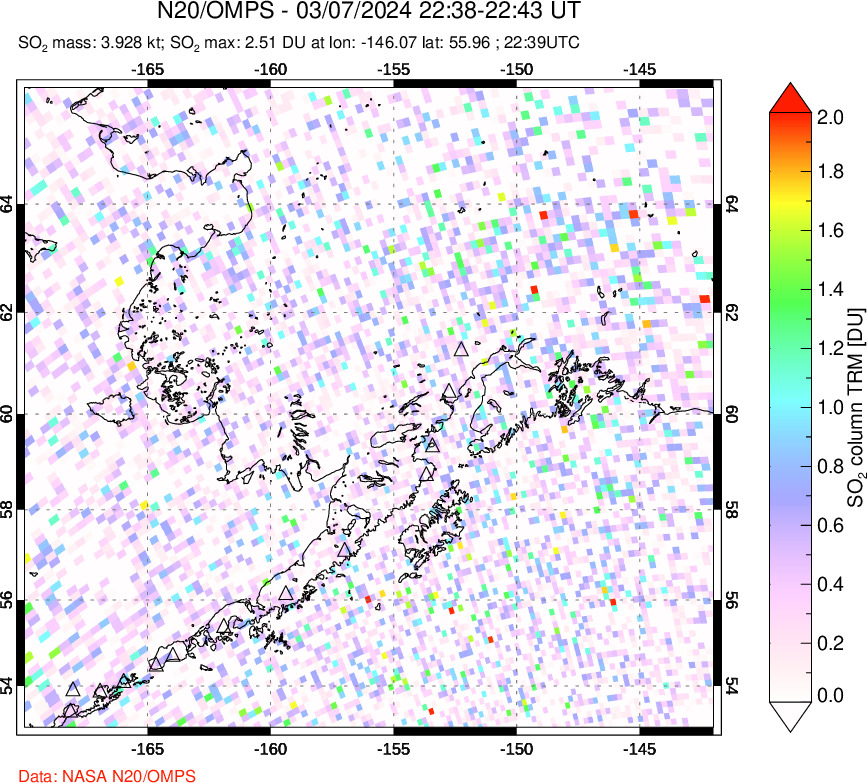 A sulfur dioxide image over Alaska, USA on Mar 07, 2024.