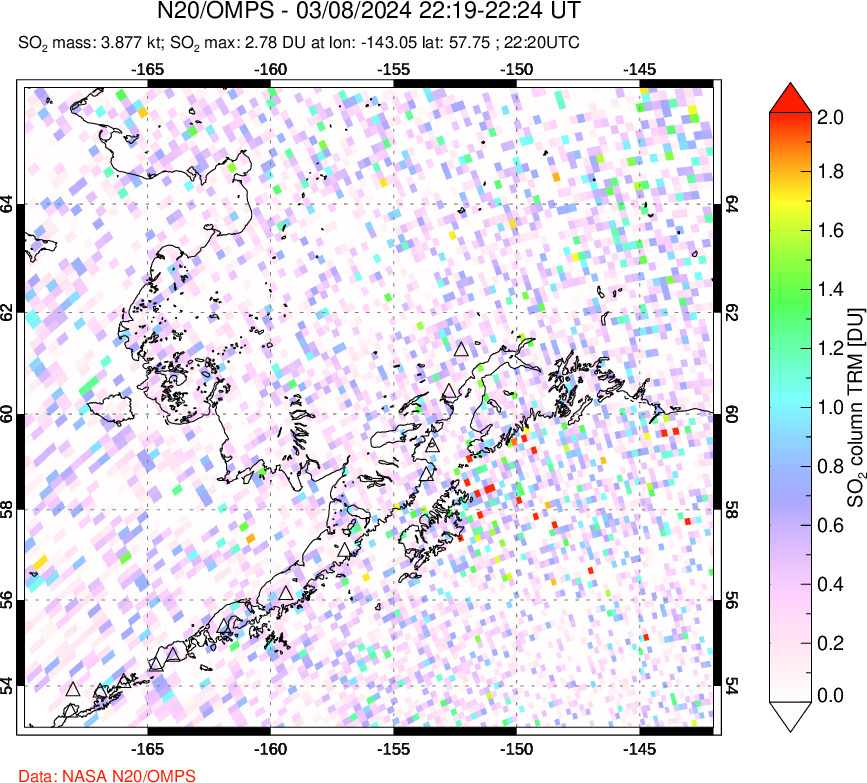 A sulfur dioxide image over Alaska, USA on Mar 08, 2024.