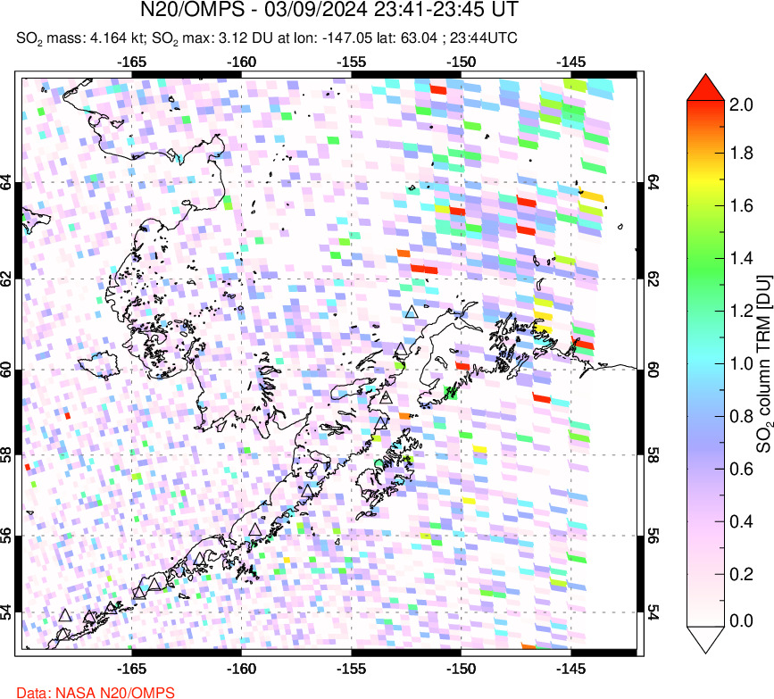 A sulfur dioxide image over Alaska, USA on Mar 09, 2024.