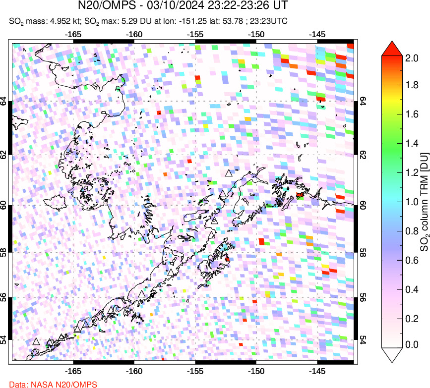 A sulfur dioxide image over Alaska, USA on Mar 10, 2024.