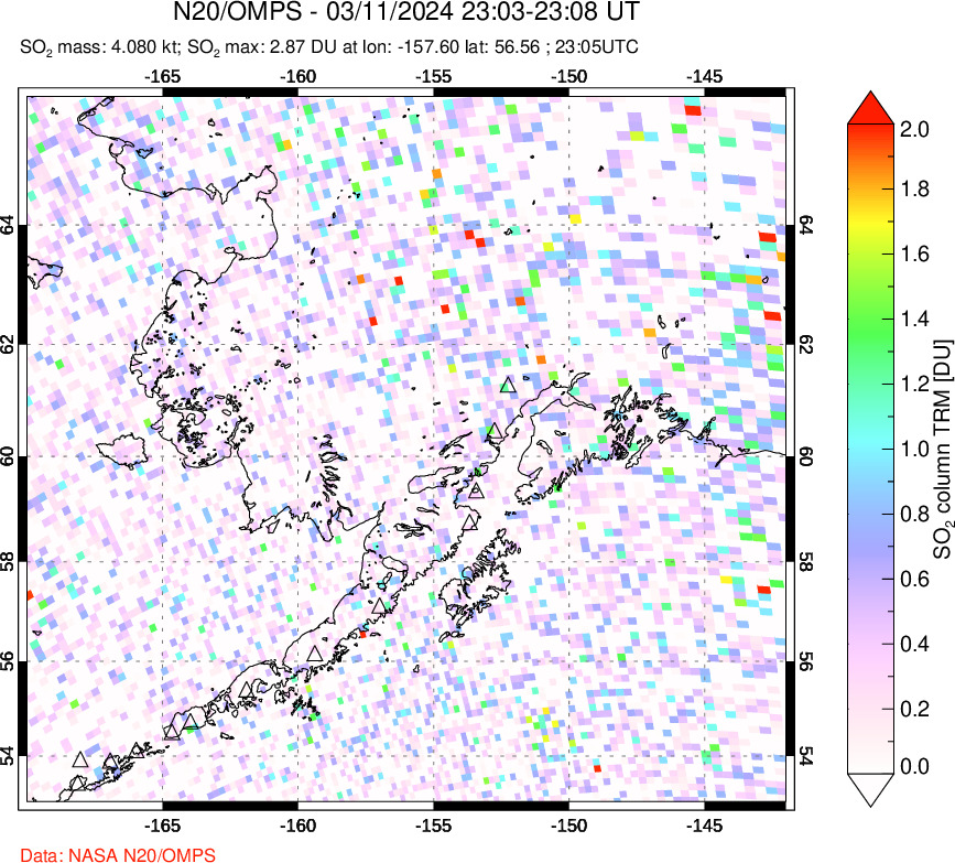 A sulfur dioxide image over Alaska, USA on Mar 11, 2024.