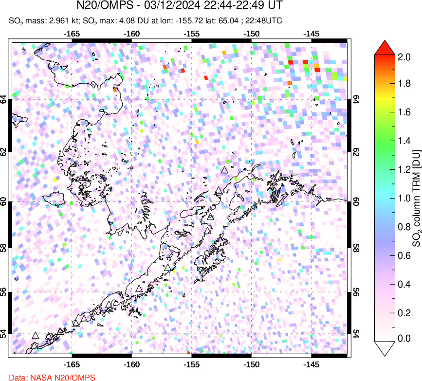 A sulfur dioxide image over Alaska, USA on Mar 12, 2024.