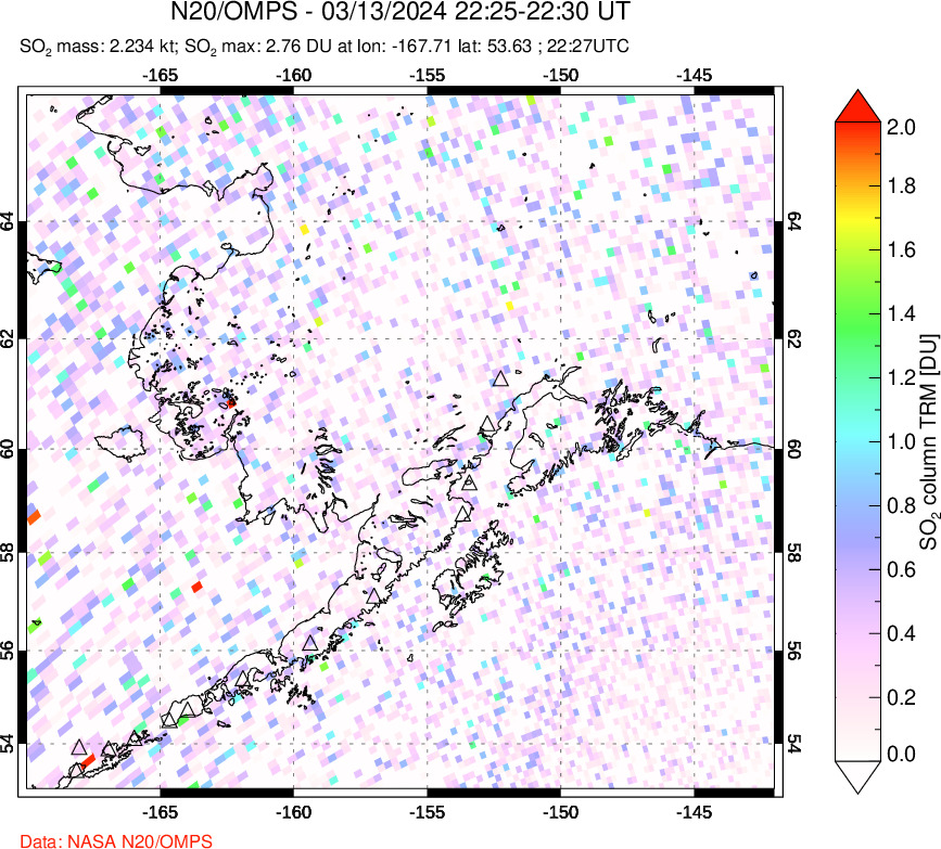 A sulfur dioxide image over Alaska, USA on Mar 13, 2024.