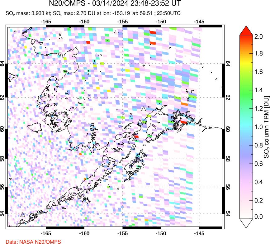 A sulfur dioxide image over Alaska, USA on Mar 14, 2024.