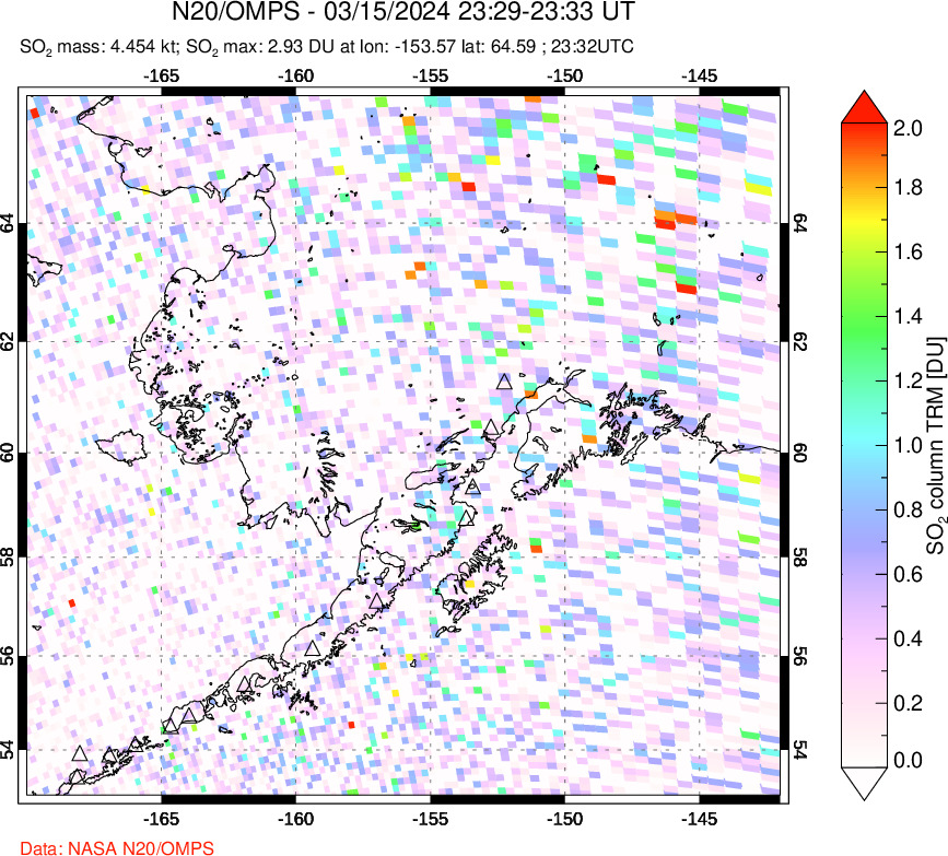 A sulfur dioxide image over Alaska, USA on Mar 15, 2024.