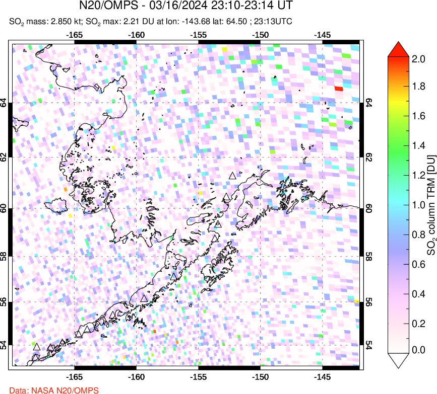 A sulfur dioxide image over Alaska, USA on Mar 16, 2024.