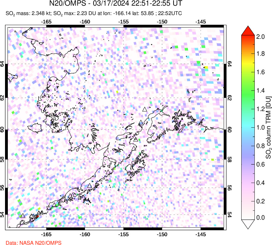 A sulfur dioxide image over Alaska, USA on Mar 17, 2024.