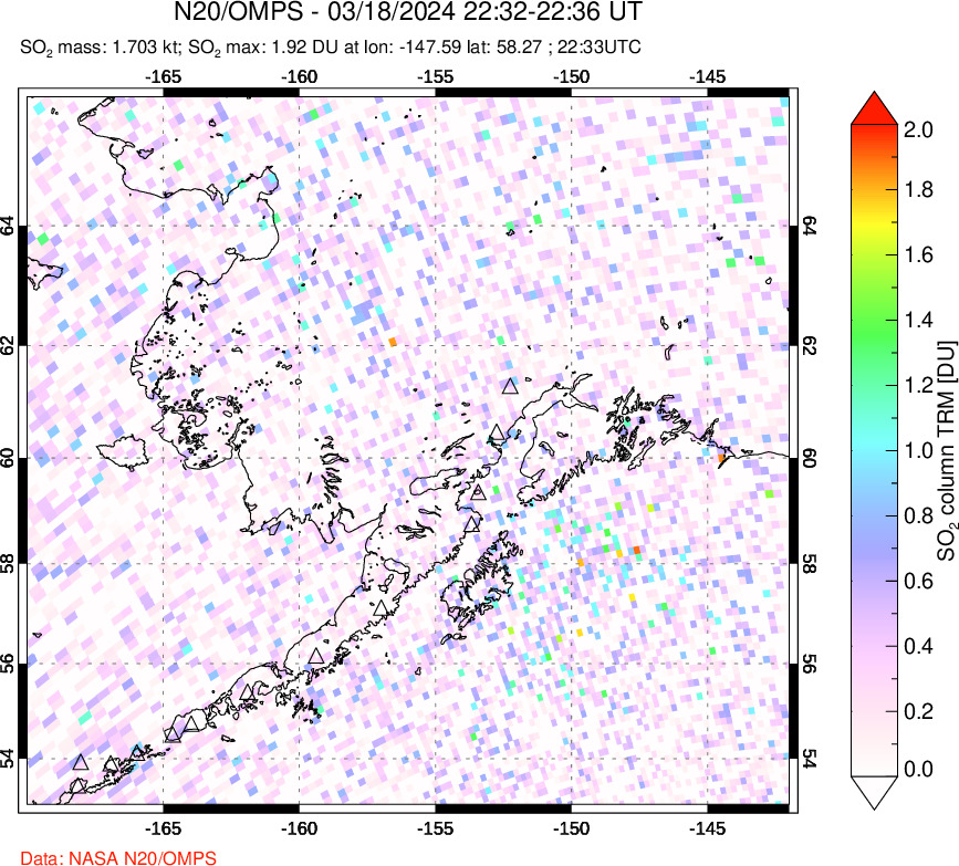 A sulfur dioxide image over Alaska, USA on Mar 18, 2024.