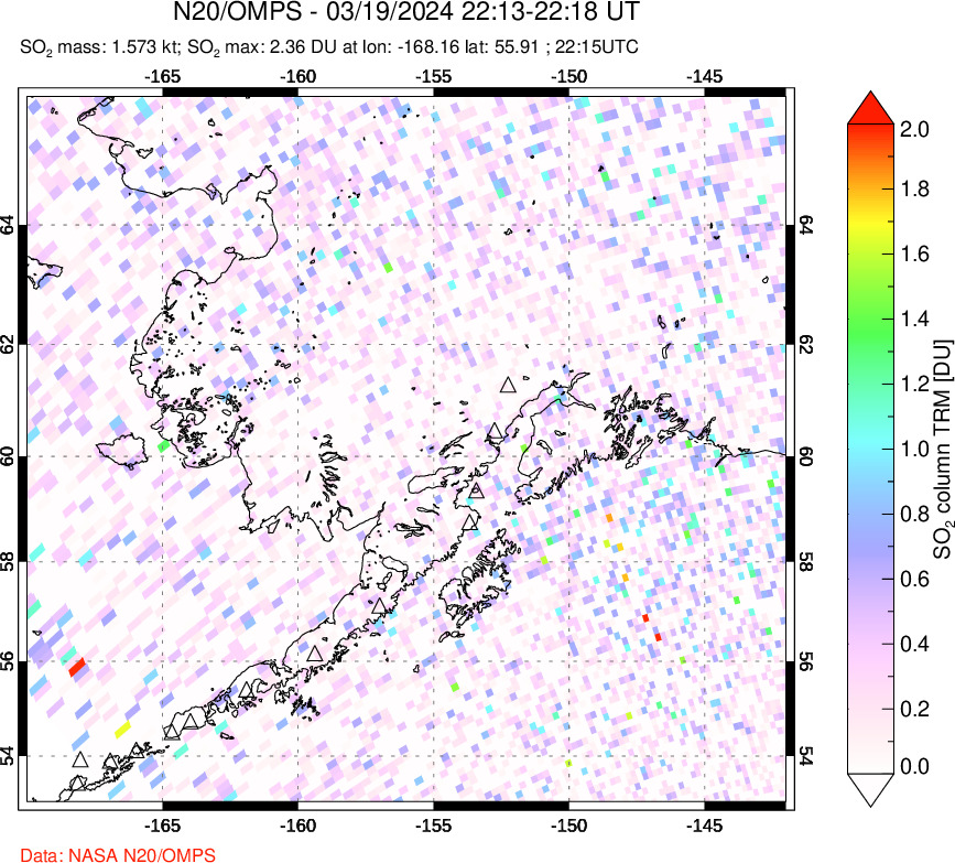 A sulfur dioxide image over Alaska, USA on Mar 19, 2024.