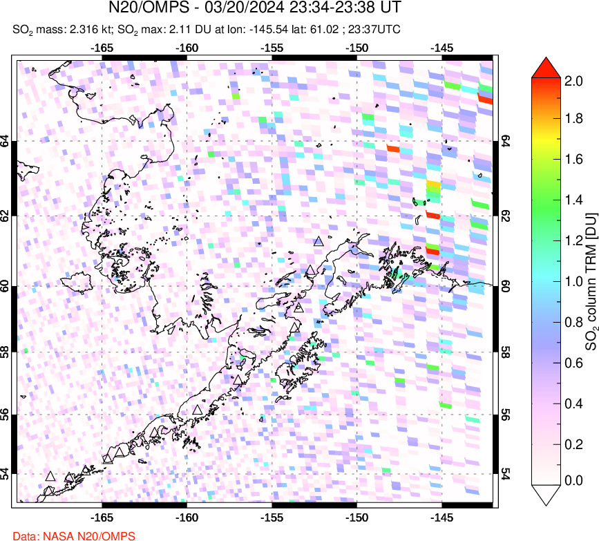 A sulfur dioxide image over Alaska, USA on Mar 20, 2024.