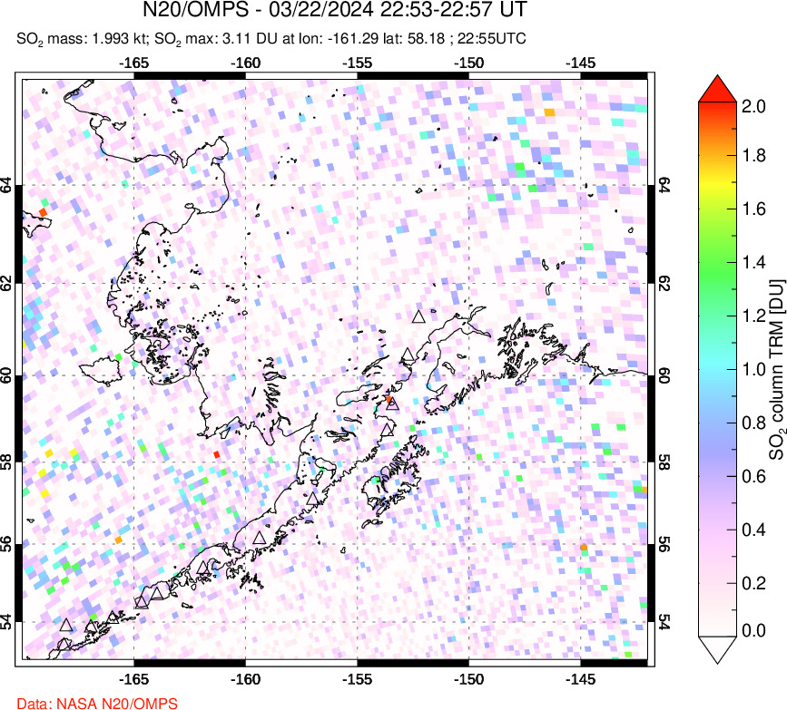 A sulfur dioxide image over Alaska, USA on Mar 22, 2024.