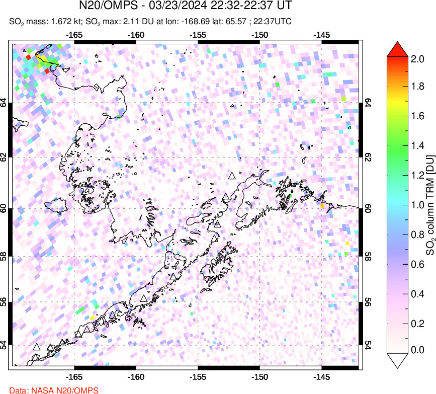 A sulfur dioxide image over Alaska, USA on Mar 23, 2024.