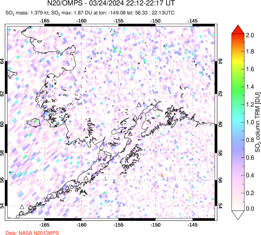 A sulfur dioxide image over Alaska, USA on Mar 24, 2024.