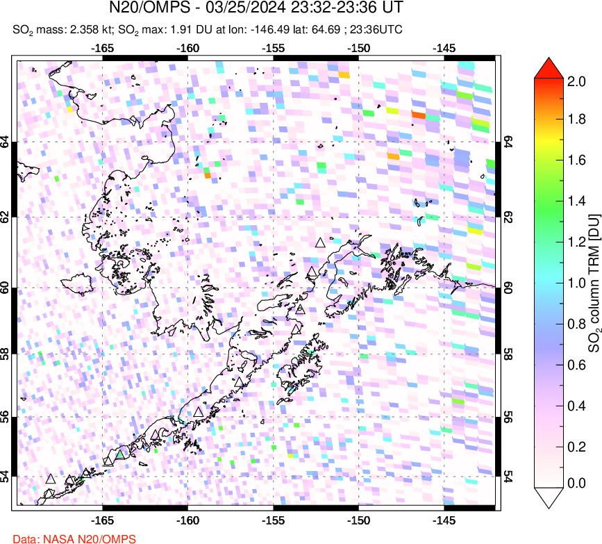 A sulfur dioxide image over Alaska, USA on Mar 25, 2024.