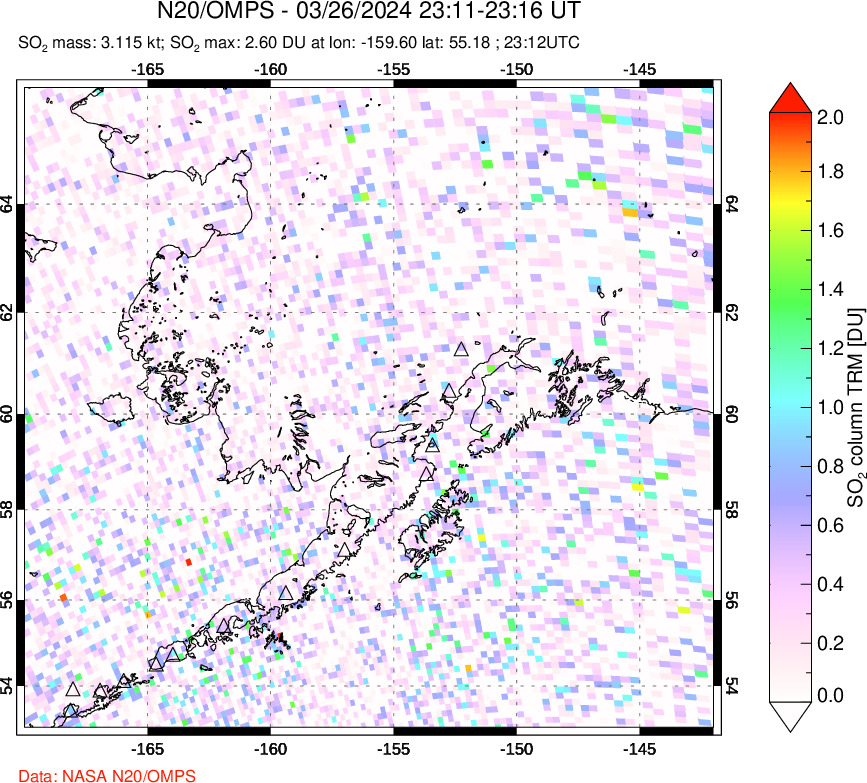 A sulfur dioxide image over Alaska, USA on Mar 26, 2024.