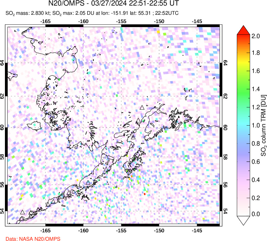 A sulfur dioxide image over Alaska, USA on Mar 27, 2024.