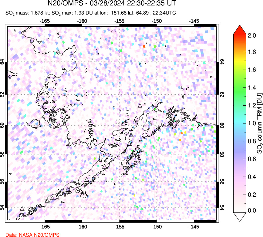 A sulfur dioxide image over Alaska, USA on Mar 28, 2024.