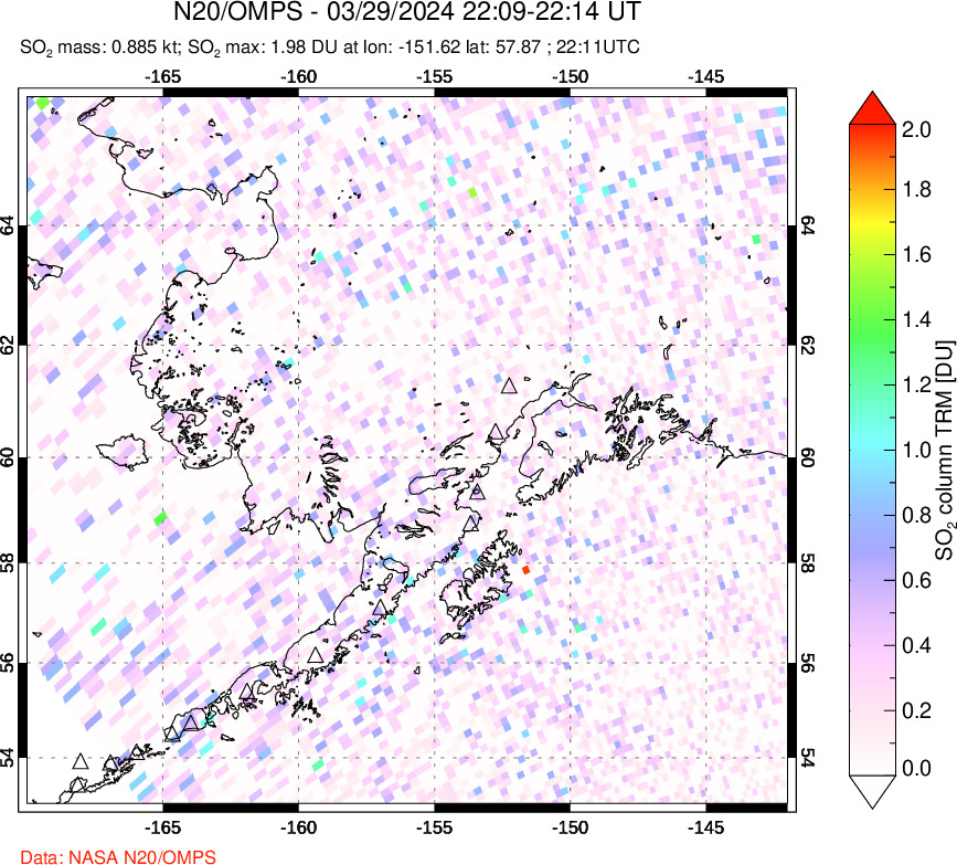 A sulfur dioxide image over Alaska, USA on Mar 29, 2024.