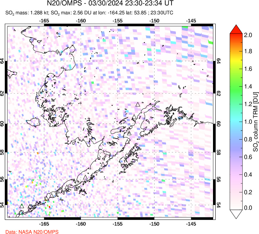 A sulfur dioxide image over Alaska, USA on Mar 30, 2024.