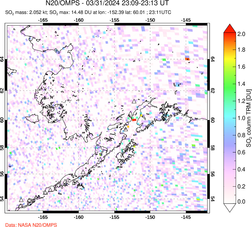 A sulfur dioxide image over Alaska, USA on Mar 31, 2024.