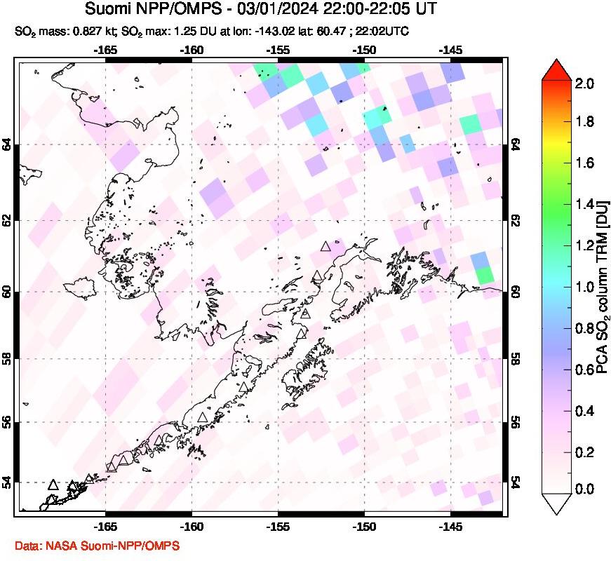 A sulfur dioxide image over Alaska, USA on Mar 01, 2024.