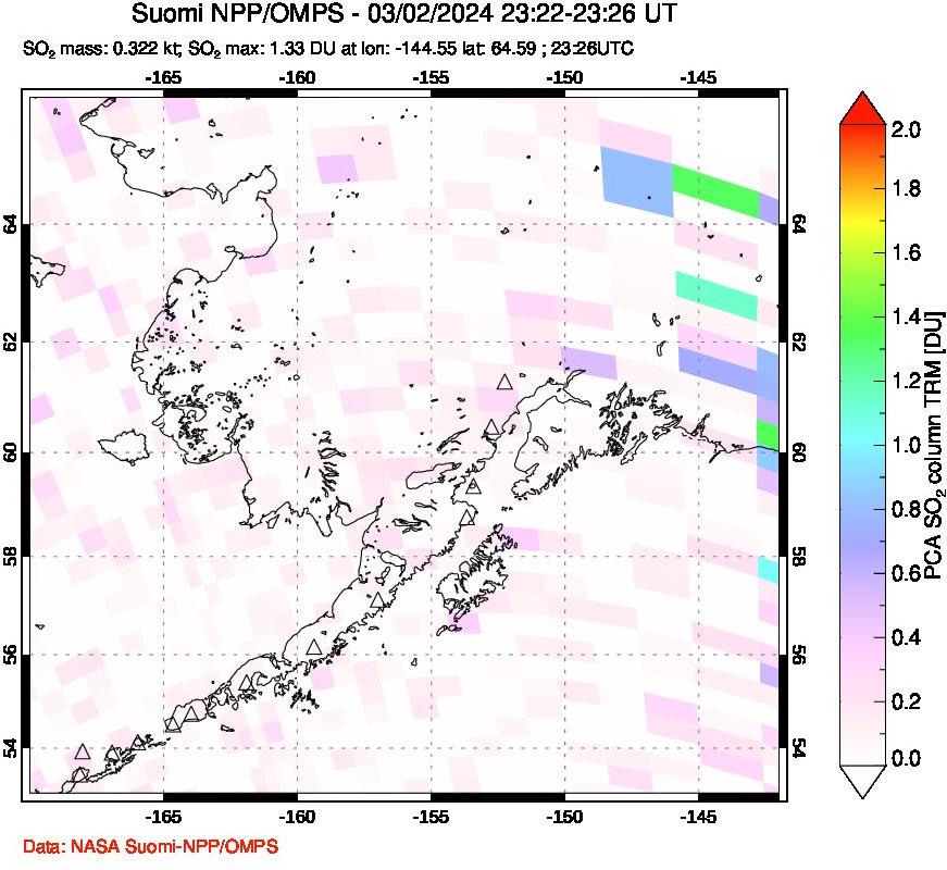 A sulfur dioxide image over Alaska, USA on Mar 02, 2024.