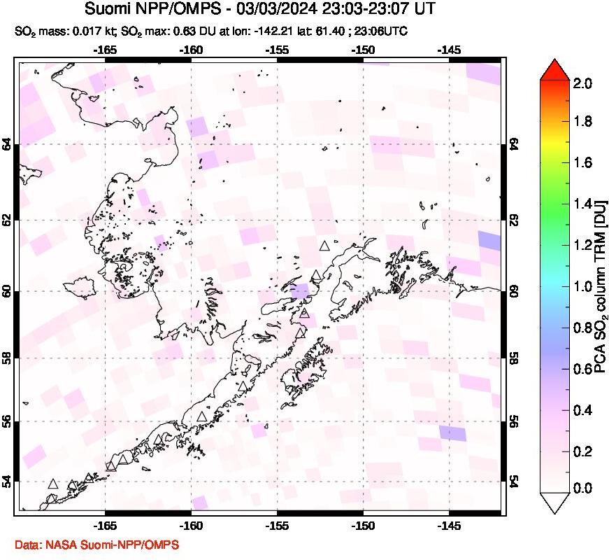 A sulfur dioxide image over Alaska, USA on Mar 03, 2024.