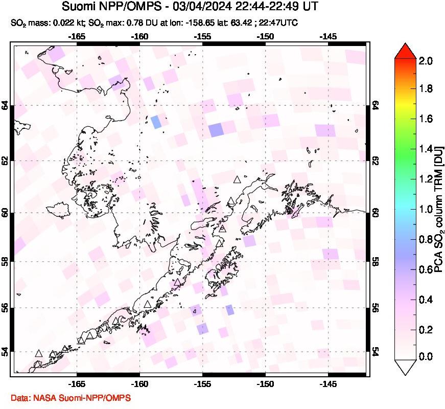 A sulfur dioxide image over Alaska, USA on Mar 04, 2024.