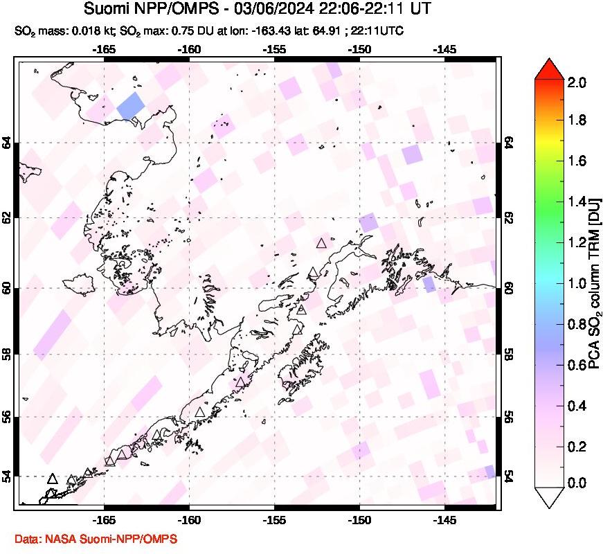 A sulfur dioxide image over Alaska, USA on Mar 06, 2024.