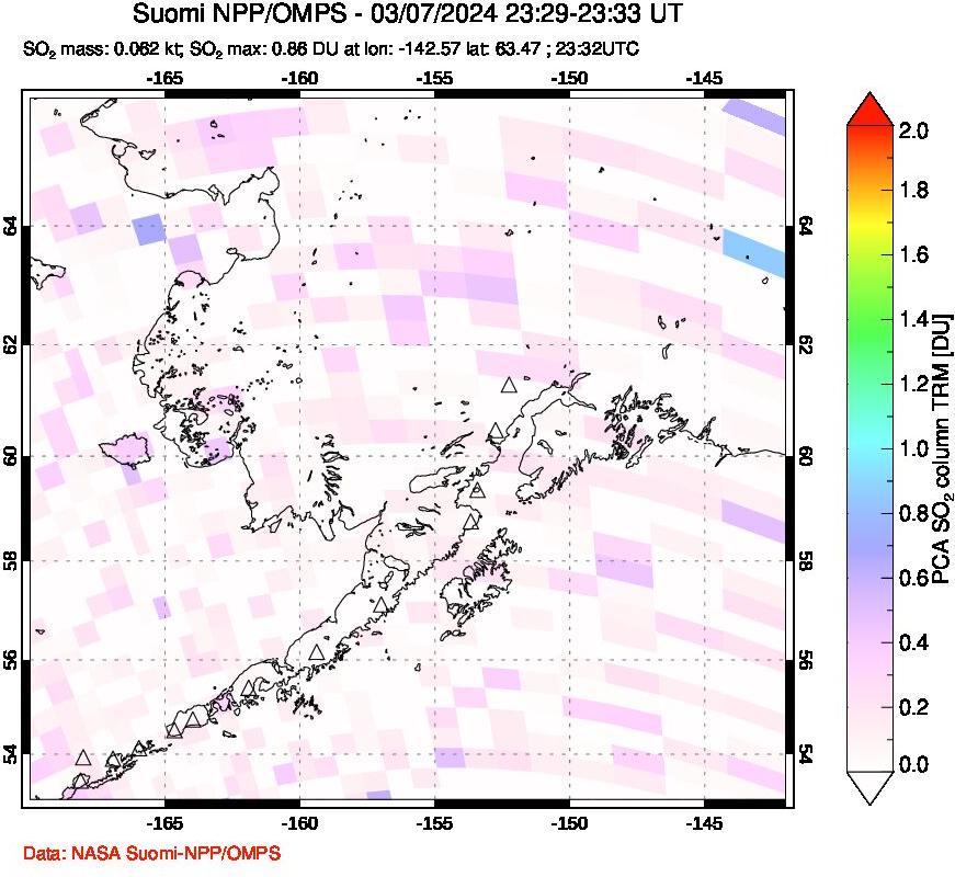 A sulfur dioxide image over Alaska, USA on Mar 07, 2024.