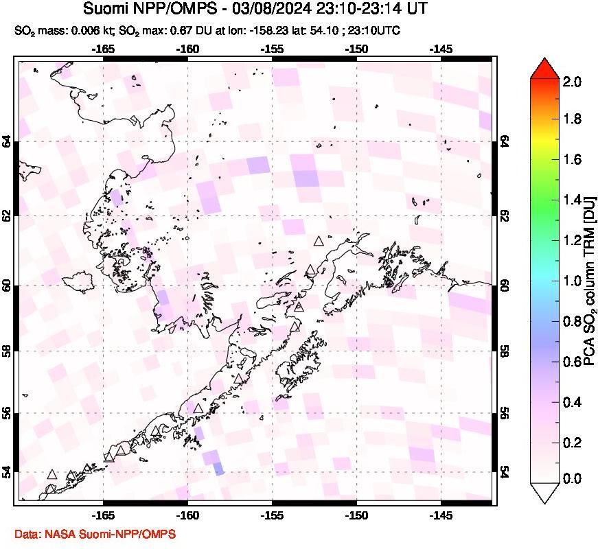 A sulfur dioxide image over Alaska, USA on Mar 08, 2024.