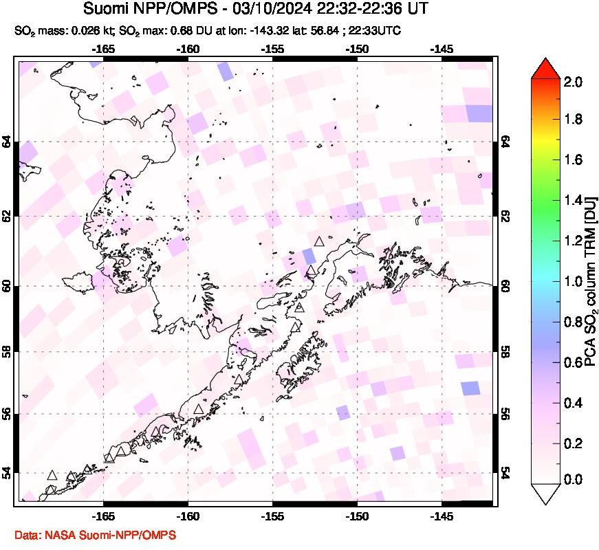 A sulfur dioxide image over Alaska, USA on Mar 10, 2024.