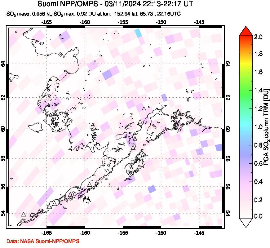 A sulfur dioxide image over Alaska, USA on Mar 11, 2024.