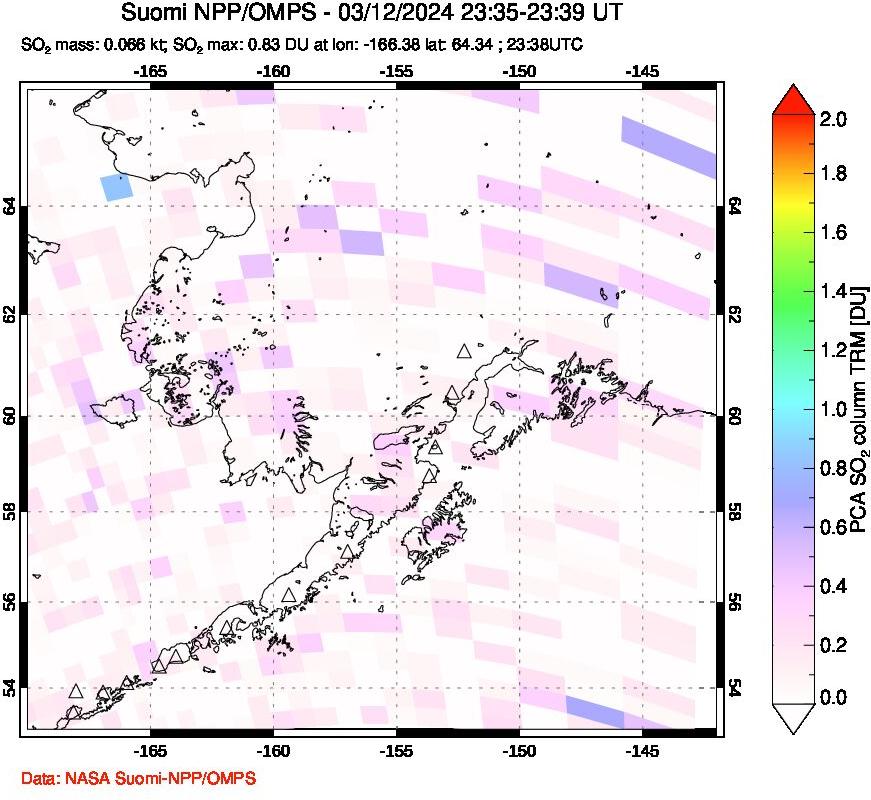 A sulfur dioxide image over Alaska, USA on Mar 12, 2024.