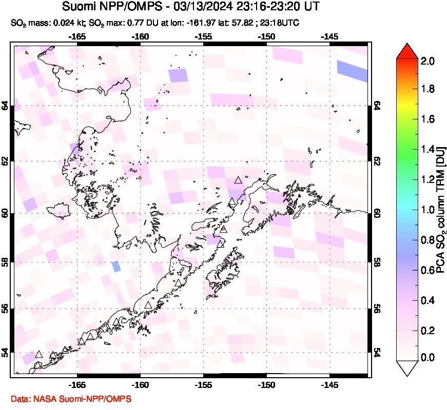 A sulfur dioxide image over Alaska, USA on Mar 13, 2024.