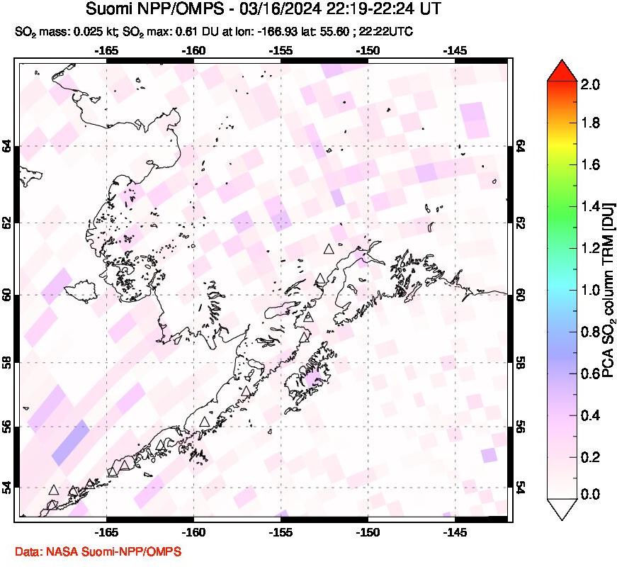 A sulfur dioxide image over Alaska, USA on Mar 16, 2024.