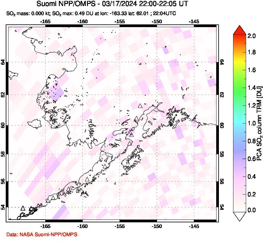 A sulfur dioxide image over Alaska, USA on Mar 17, 2024.