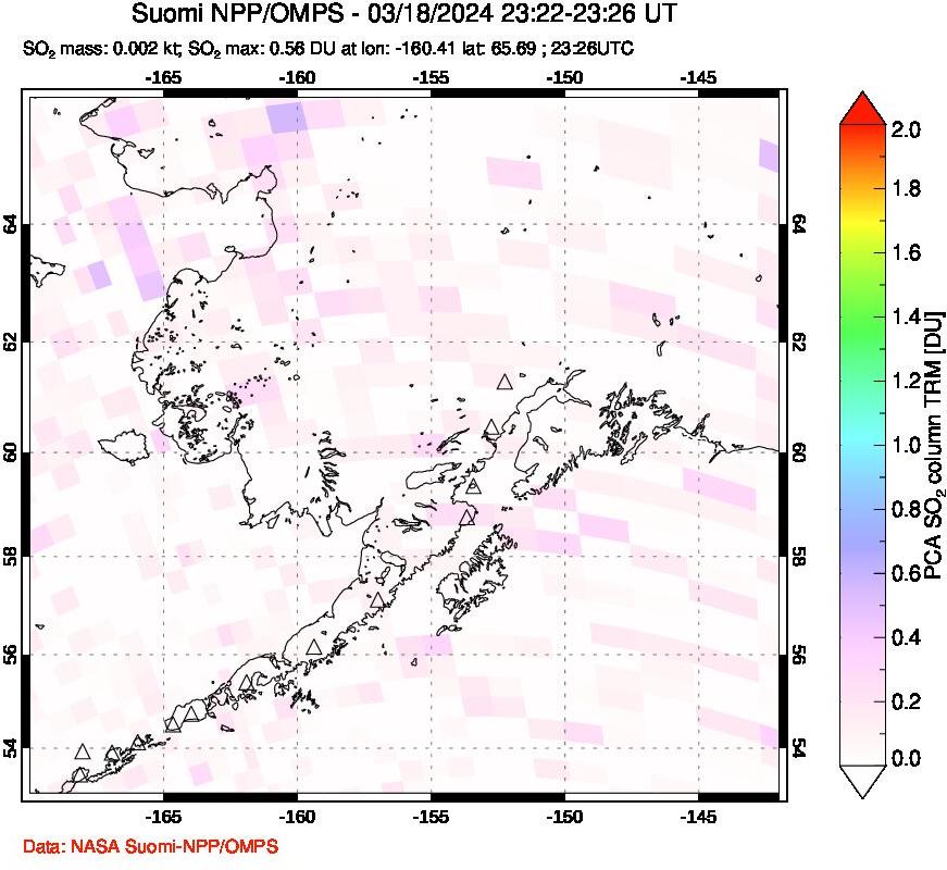 A sulfur dioxide image over Alaska, USA on Mar 18, 2024.