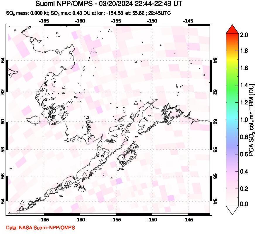 A sulfur dioxide image over Alaska, USA on Mar 20, 2024.