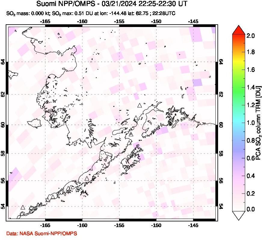 A sulfur dioxide image over Alaska, USA on Mar 21, 2024.