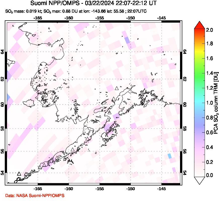 A sulfur dioxide image over Alaska, USA on Mar 22, 2024.