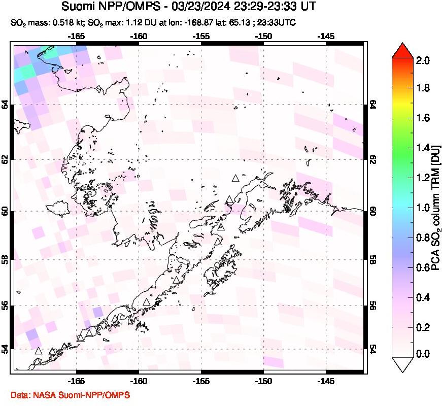 A sulfur dioxide image over Alaska, USA on Mar 23, 2024.