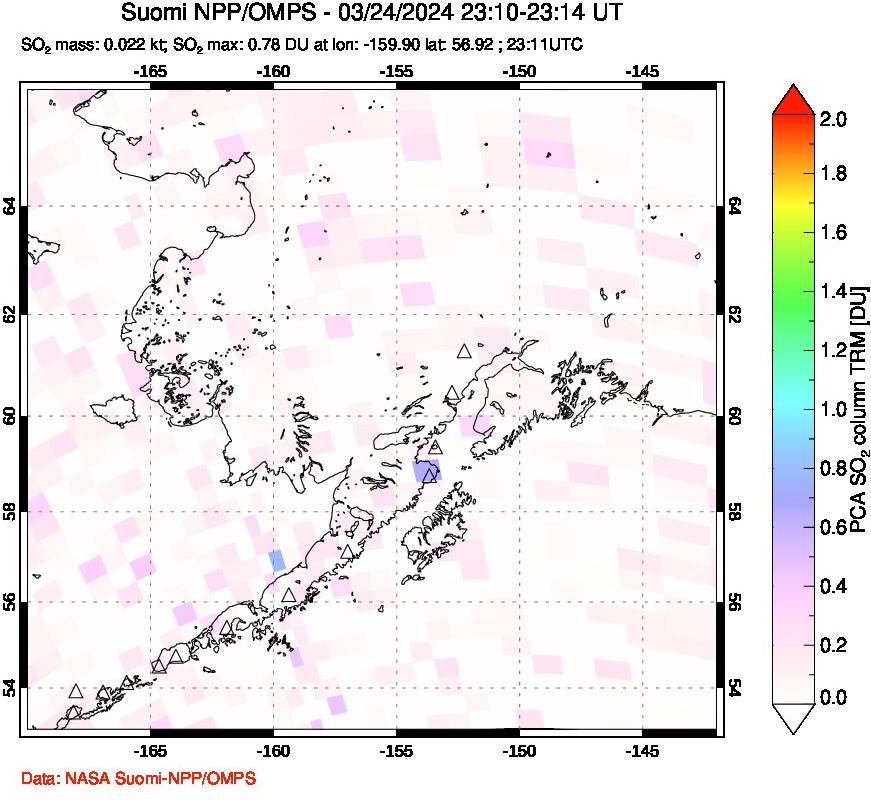 A sulfur dioxide image over Alaska, USA on Mar 24, 2024.