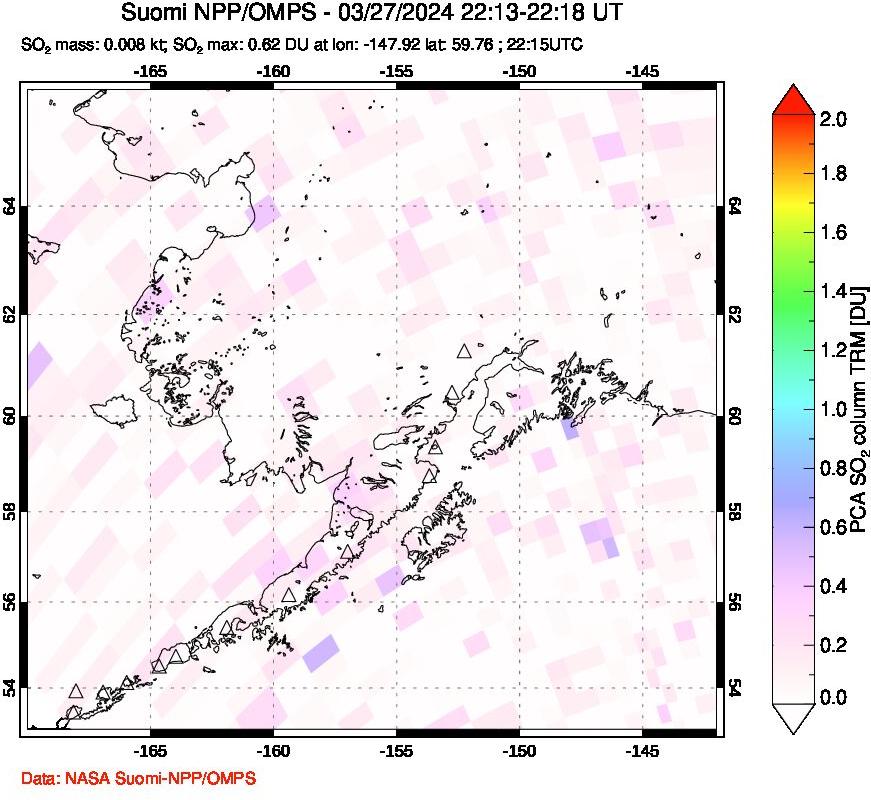 A sulfur dioxide image over Alaska, USA on Mar 27, 2024.