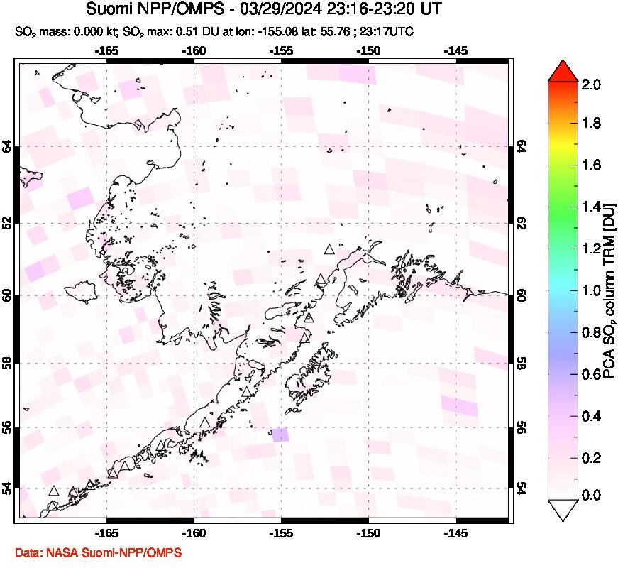 A sulfur dioxide image over Alaska, USA on Mar 29, 2024.