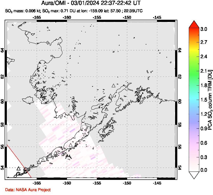 A sulfur dioxide image over Alaska, USA on Mar 01, 2024.