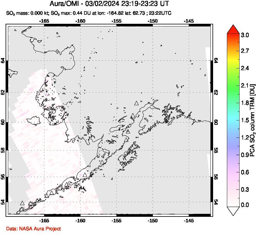 A sulfur dioxide image over Alaska, USA on Mar 02, 2024.