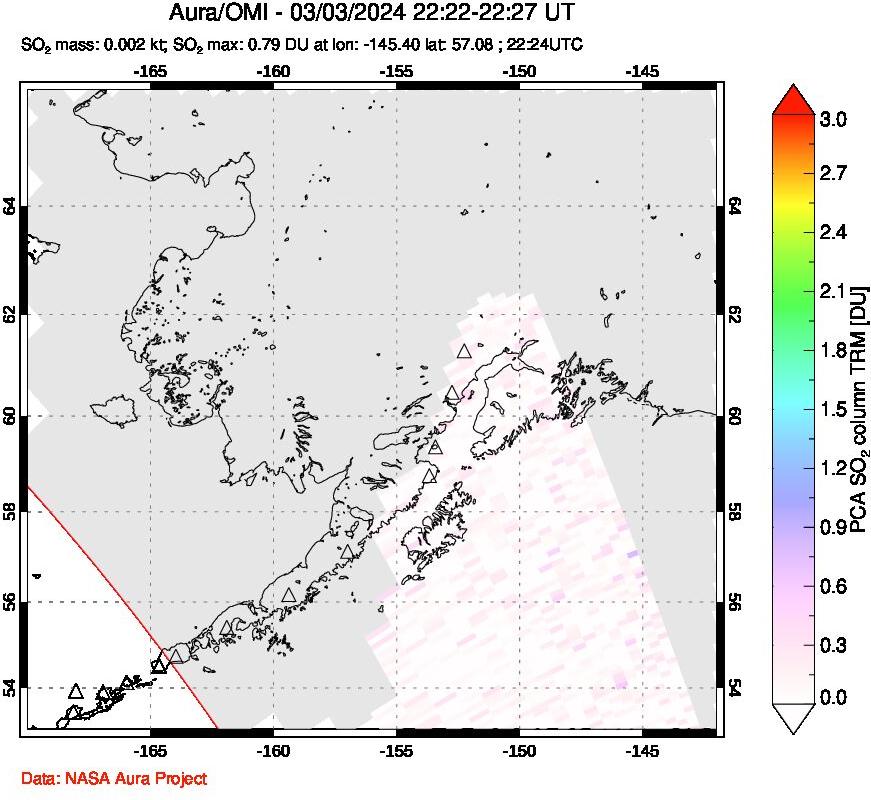 A sulfur dioxide image over Alaska, USA on Mar 03, 2024.