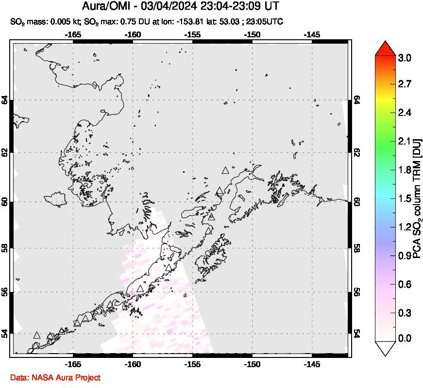 A sulfur dioxide image over Alaska, USA on Mar 04, 2024.