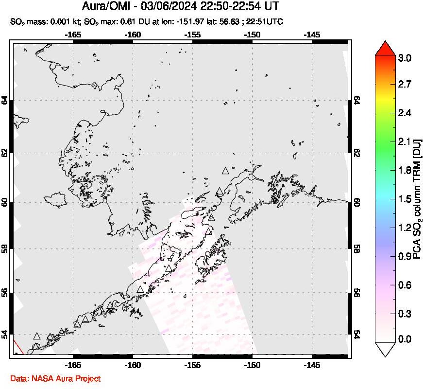 A sulfur dioxide image over Alaska, USA on Mar 06, 2024.